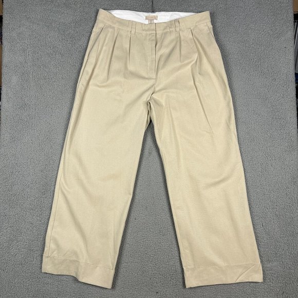 H&M Pants Womens Size 16 Beige Khaki Pleated Cuffed Straight Leg Dress Pants - Picture 1 of 14